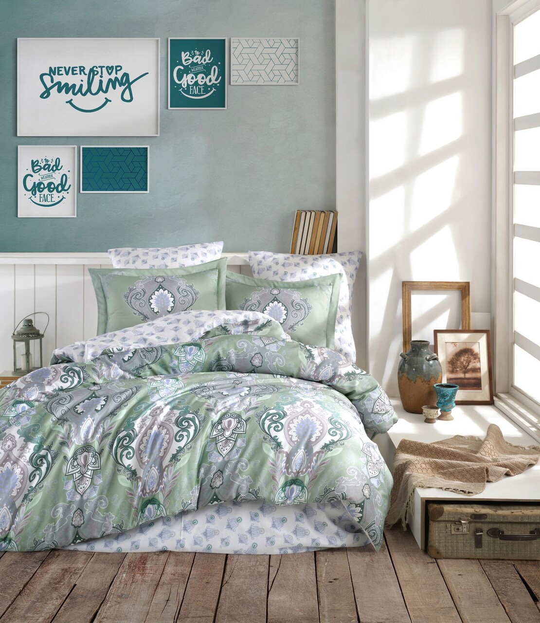 Lenjerie de pat dubla Super King (EU) (IT), 3 piese, L'essentiel Maison, Mavarova, Mentă / Verde / Alb - imagine 5